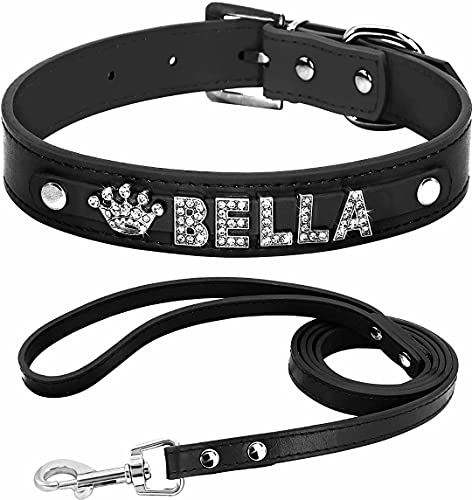 Beirui Hundehalsband, weiches PU-Leder, mit Kristall-Strasssteinen, Namensbuchstaben und Charms, verstellbar für kleine und mittelgroße Hunde von Beirui