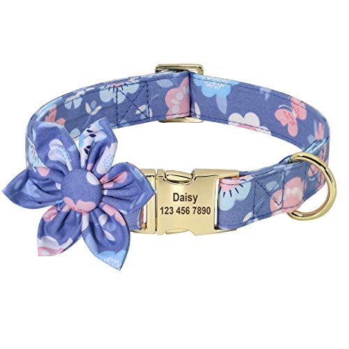 Beirui Hundehalsband für Hündinnen, mit Blumenmuster und Gravur, mit goldfarbener Schnalle, personalisierbar (Schmetterling, XS) von Beirui