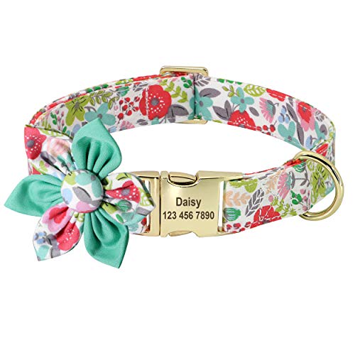 Beirui Hundehalsband mit Blumenmädchen, für Hündinnen, Blumenmuster, graviert, mit personalisierter goldfarbener Schnalle (grünes Grasland, XS) von Beirui