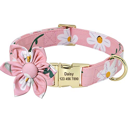 Beirui Hundehalsband mit Blumenmädchen-Motiv, für Hündinnen, mit Blumenmuster, graviert, mit persönlicher goldfarbener Schnalle (Gänseblümchen, L) von Beirui