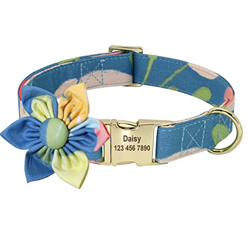 Beirui Hundehalsband mit Blumenmädchen-Motiv, für Hündinnen, mit Blumenmuster, graviert, mit personalisierter goldfarbener Schnalle (Ozean, M) von Beirui