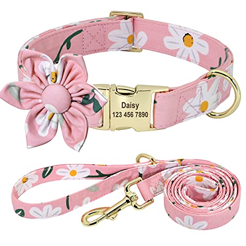 Beirui Hundehalsband und Leine, Set für Hündinnen, mit Blumenmuster und Gravur, mit goldfarbener Schnalle, personalisierbar (Gänseblümchen, L) von Beirui