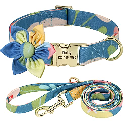 Beirui Hundehalsband und Leine, Set für Hündinnen, mit Blumenmuster und Gravur, mit goldfarbener Schnalle, personalisierbar (Ozean, S) von Beirui