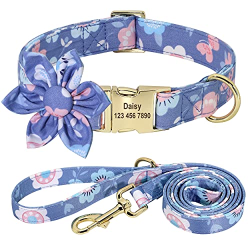 Beirui Hundehalsband und Leine, Set für Hündinnen, mit Blumenmuster und Gravur, mit goldfarbener Schnalle, personalisierbar (Schmetterling, S) von Beirui