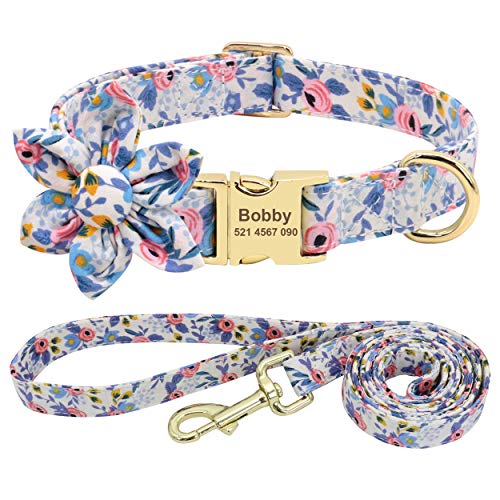 Beirui Hundehalsband und Leine, Set für Hündinnen, mit Blumenmuster und Gravur, mit goldfarbener Schnalle, personalisierbar (blaues Muster, XS) von Beirui