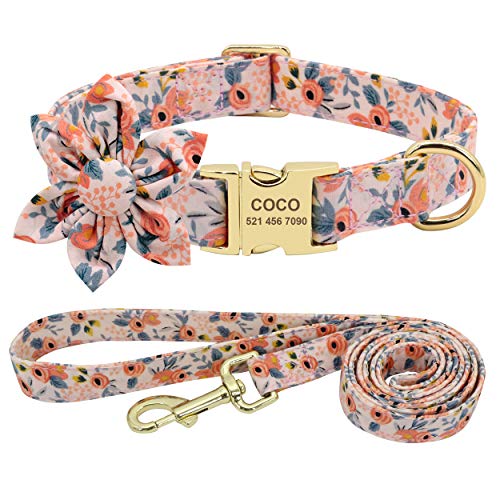 Beirui Hundehalsband und Leine, Set für Hündinnen, mit Blumenmuster und Gravur, mit goldfarbener Schnalle, personalisierbar (oranges Muster, L) von Beirui