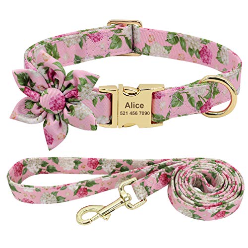 Beirui Hundehalsband und Leine, Set für Hündinnen, mit Blumenmuster und Gravur, mit goldfarbener Schnalle, personalisierbar (rosa Muster, L) von Beirui