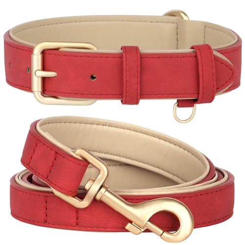 Beirui Hundehalsband und Leine, weich gepolstertes Leder-Set, robuste Hundeleine und Halsband mit Metallschnalle, atmungsaktives Hundehalsband mit 122 cm langer Leder-Hundeleine für kleine Hunde, Rot, von Beirui