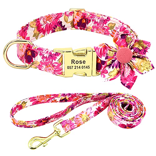 Beirui Hundehalsband und Leine für weibliche Hunde – Hundehalsband mit Blume für kleine, mittelgroße und große Hunde – weiches Halsband mit Blumenmuster mit passender Leine (Hot Pink, M) von Beirui