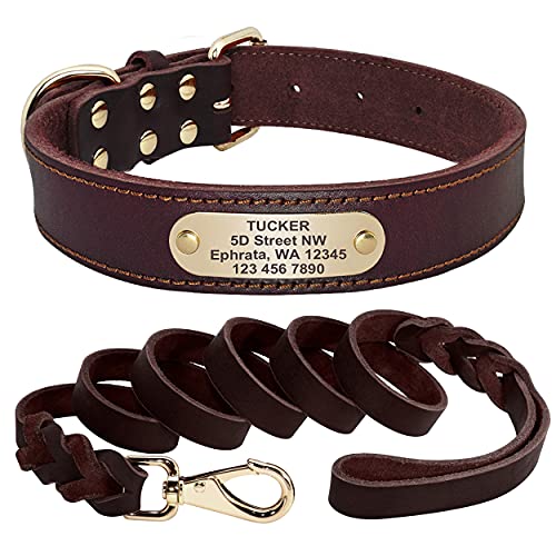 Beirui Leder-Hundehalsband und Leine, Set, maßgeschneidertes Hundehalsband mit geflochtener Leder-Leine, graviertes Namensschild für mittelgroße und große Hunde (braun, 41,9–53,3 cm Halsumfang) von Beirui