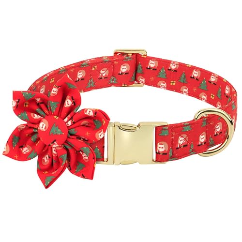 Beirui Niedliches Weihnachts-Hundehalsband für Damen mit Blume, Urlaubsmädchen-Hundehalsband mit Weihnachtsmustern, weiches rotes Haustierhalsband, verstellbar für kleine, mittelgroße und große Hunde von Beirui