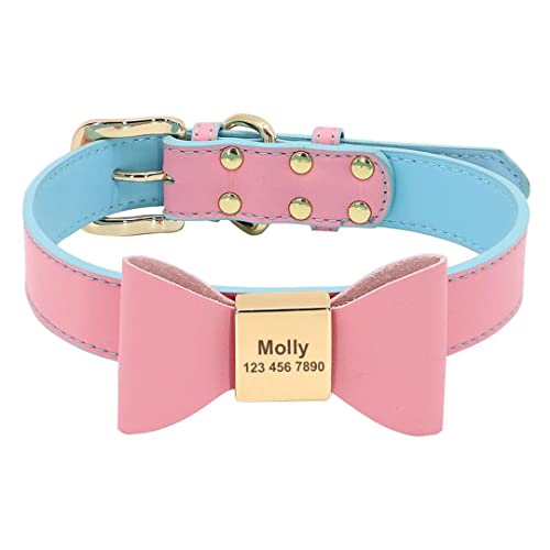 Beirui Niedliches personalisiertes Hundehalsband mit Fliege für kleine, mittelgroße Hunde, Welpen, weiches PU-Leder, mit ID-Name, Bezauberndes Halsband,Rosa,XL von Beirui