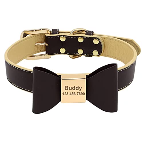 Beirui Niedliches personalisiertes Hundehalsband mit Fliege für kleine, mittelgroße Hunde, Welpen, weiches PU-Leder, mit ID-Name, Bezauberndes Halsband,Tiefbraun,XS von Beirui