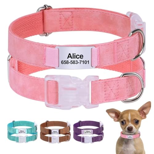 Beirui Personalisiertes Hundehalsband mit individuell graviertem Namensschild, Leder-Hundehalsband mit leisem Geräusch, Haustier-Erkennungsmarke für kleine Hunde (Rosa, S) von Beirui