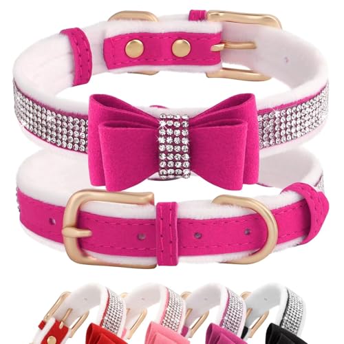 Beirui Warmes, gepolstertes Hundehalsband aus Samt mit Strasssteinen, niedliches Mädchen-Hundehalsband mit Fliege, weiches Wildleder, Katzenwelpenhalsband für kleine, mittelgroße Hunde, Hot Pink, von Beirui