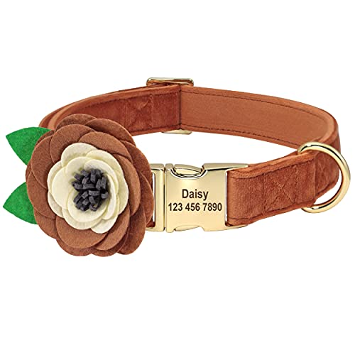 Beirui Weiches Samt-Hundehalsband mit abnehmbarem Blumen-Zubehör–personalisiertes süßes Hundehalsband mit Namensschild graviert–Bezauberndes Halsband für kleine,mittelgroße und große Hunde(braun,L) von Beirui