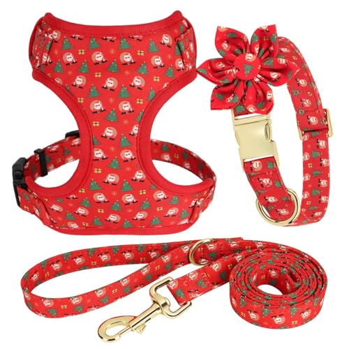 Beirui Weihnachts-Hundehalsband, Geschirre und Leinen, Set mit niedlichem Hundehalsband und Leine, Set mit Blume, weiches Netzgewebe für Welpen, kleine und extra kleine Hunde (Weihnachtsrot, M) von Beirui