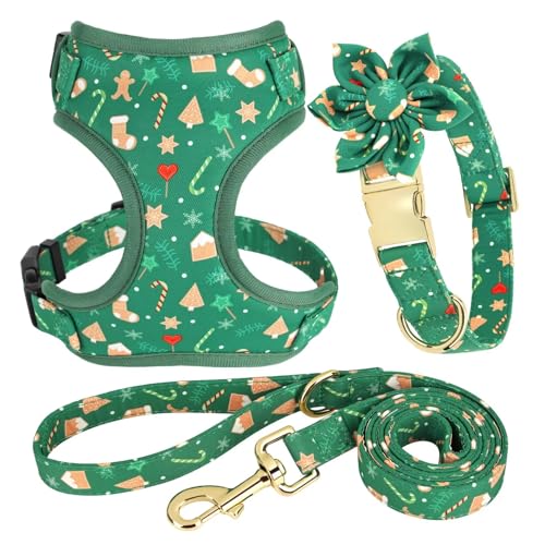 Beirui Weihnachts-Hundehalsband, Geschirre und Leinen, Set mit niedlichem Hundehalsband und Leine mit Blume, weiches Netzgewebe für Welpen, kleine und extra kleine Hunde (Weihnachtsgrün, M) von Beirui