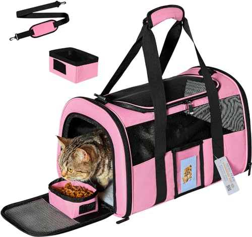 Bejibear Katzentragetasche mit weicher Seite, für Katzen, Welpen, zusammenklappbar, Reise-Tragetasche, TSA-zugelassene Katzentrage für Kätzchen, Hunde, 4,5 kg, Rosa von Bejibear