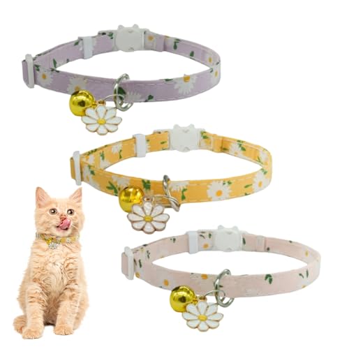 Bekecidi 3er-Pack Katzenhalsbänder mit Glöckchen, sicherer Schnellverschluss, Bezauberndes rosa und gelbes Gänseblümchen-Design, verstellbar, bequem für Kätzchen und Welpen von Bekecidi