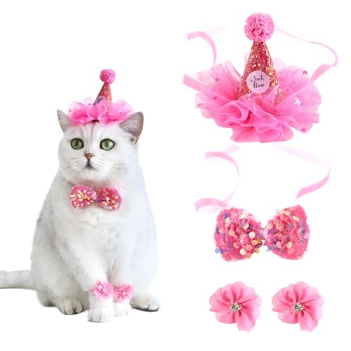 Bekecidi Furry Fashions: Katzen- und Hunde-Geburtstagskostüm, rosa – gepunktetes Spitzen-Halstuch und Kronenhut – perfekte Haustier-Party-Dekoration und Zubehör (Rosa) von Bekecidi