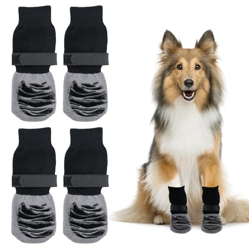 Bekecidi Rutschfeste Hundesocken, verstellbare Hundestiefel, Pfotenschutz, Hundesocken, Pfotenschutz, Hundeschuhe, Krallensocken mit Griffen für ältere Hunde, drinnen und draußen, Hartholzböden, 4 von Bekecidi