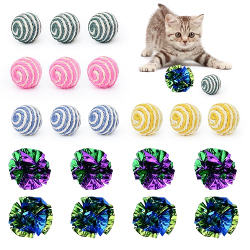 Bekecidi Set mit 10 plissierten Katzenspielzeugbällen+10 Sisal-Katzenspielzeugbällen,Mehrfarbig und leicht – Perfekte Unterhaltung im Innenbereich für Kätzchen und Erwachsene Katzen,Gemischte Farben von Bekecidi