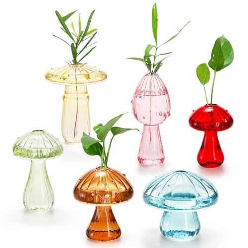 Bekith Pilz-Glas-Pflanzgefäß, farbige Pflanzenzuchtstation, einzigartige Pilz-Glasvase für Hydrokulturpflanzen, kleines Terrarium für Zimmerblumen, Büro, Zuhause, Garten, Dekoration, 6 Stück von Bekith