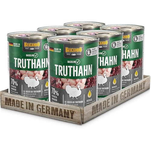 BELCANDO Baseline Nassfutter für Hunde, Truthahn, 6X 400g Dose, 70% Fleisch für ausgewachsene Hunde, Hundefutter nass ohne Getreide, Made in Germany von Belcando