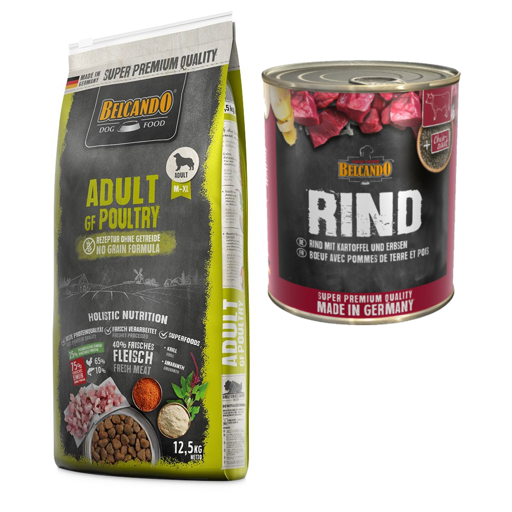 Belcando Adult Kombi-Paket: 12, 5 kg Trockenfutter Getreidefrei + 12 x 800 g Super Premium - 12,5 kg Geflügel + 12 x 800 g Rind mit Kartoffel & Erbsen von Belcando