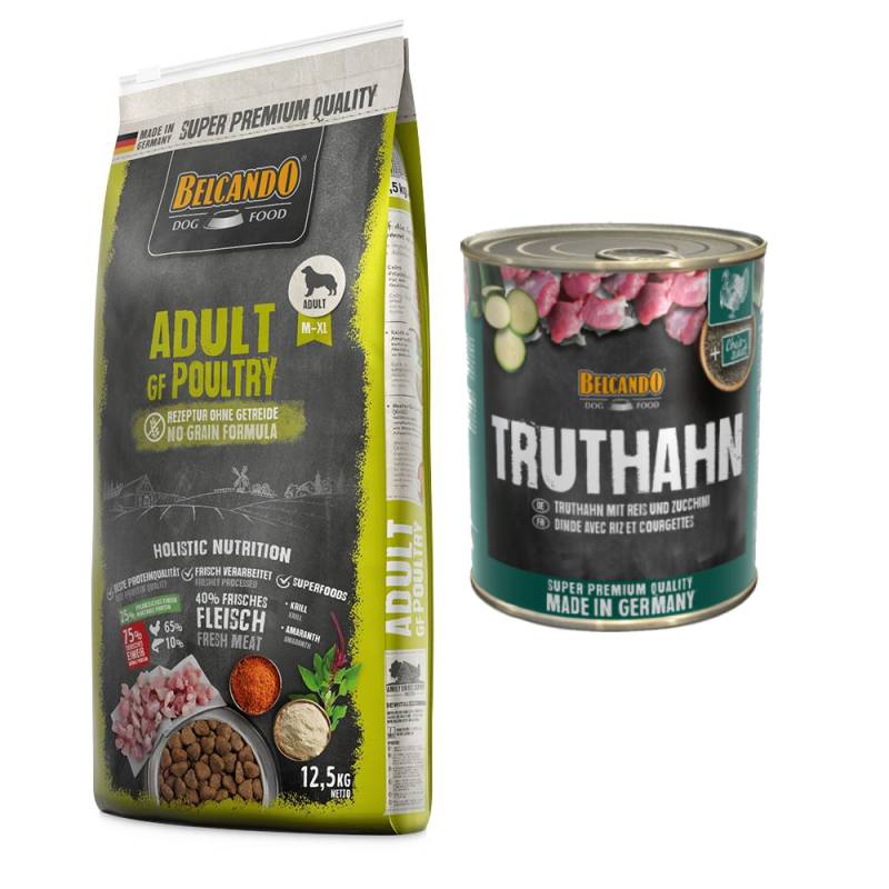 Belcando Adult Kombi-Paket: 12, 5 kg Trockenfutter Getreidefrei + 12 x 800 g Super Premium - 12,5 kg Geflügel  + 12 x 800 g Truthahn mit Reis & Zucchini von Belcando