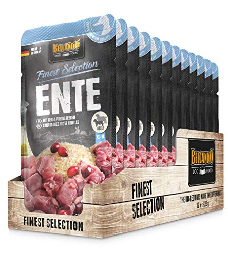 BELCANDO Frischebeutel [12x125g Ente mit Reis & Preiselbeeren] | Nassfutter für Hunde | Feuchtfutter Alleinfutter im Einzelportionsbeutel von Belcando