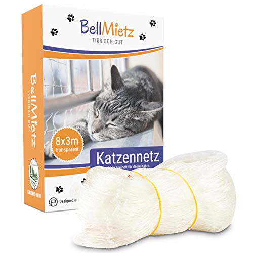 BellMietz® Katzennetz für Balkon & Fenster (durchsichtig) | Extragroßes 8x3m Katzenschutz-Netz ohne Bohren | Balkonschutz Inkl. 25m Befestigungsseil | Balkonnetz besonders transparent & sicher von BellMietz