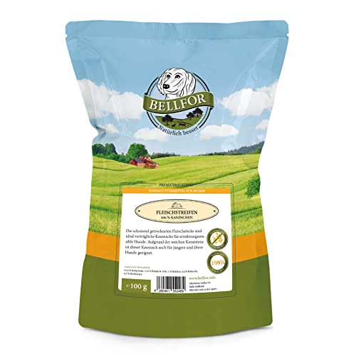 Bellfor Fleischstreifen Kaninchen - 100 g. Getreidefreie Hundeleckerli aus Trockenfleisch vom Kaninchen. Leicht verdauliche Kausnacks für Hunde Aller Rassen, ohne Zusätze oder Konservierungsstoffe. von Bellfor