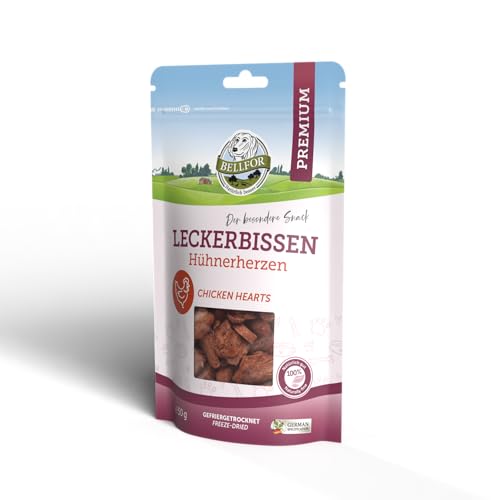 Freeze-Snack für Hunde Hühnerherzen von Bellfor Hundefutter - 50 g. Getreidefreie gefriergetrocknete Hundesnacks. Proteinreiche und leicht verdauliche Hundeleckerlis ohne künstliche Zusätze. von Bellfor