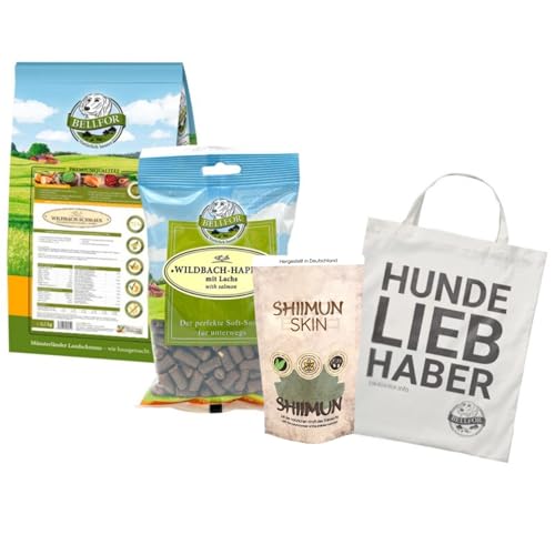 Bellfor Futterset für Bearded Collie Getreidefreies Trockenfutter mit Wildlachs & Bachforelle 4 kg und Soft-Snacks 200 g und Nahrungsergänzungmit Shiitake - Shiimun Skin Pulver 50 g von Bellfor