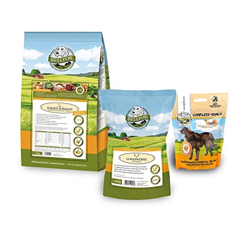 Bellfor Futterset für Berner Sennenhund Getreidefreies Trockenfutter mit Huhn 4 kg und Complete-Snack für Verstärkungen Gelenke 150 g und Hirsch Lungenwürfel 200 g von Bellfor