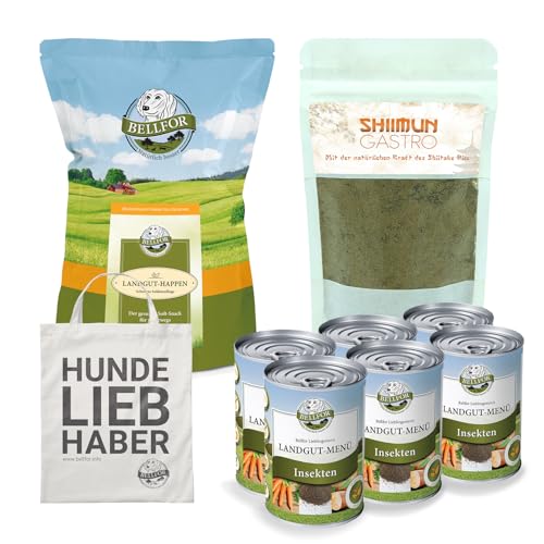 Bellfor Verdauungs-Set für Kleine Hunde: Landgut-Menü Nassfutter, 6x400g, Landgut-Happen, 200g, Shiimun Gastro, 50g & Jutebeutel von Bellfor