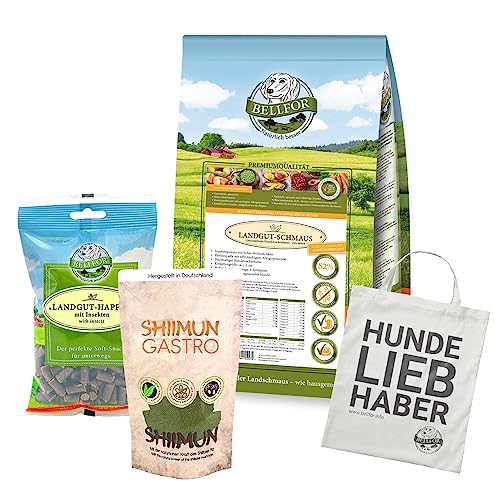 Bellfor Landgut Futterset für Mittelgroße Hunde: 2,5kg Trockenfutter & 200g Snacks mit Insektengeschmack, 50g Shiimun Gastro, Plus Jutebeutel - Unterstützt die Verdauung von Bellfor