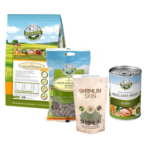 Bellfor Futterset für Pudel Getreidefreies Nassfutter 400 g und Trockenfutter mit Huhn 2,5 kg und Soft-Snacks 200 g mit Nahrungsergänzung mit Shiitake - Shiimun Skin Pulver 50 g von Bellfor