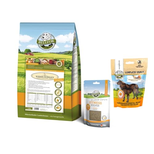 Bellfor Futterset für Windhunde Getreidefreies Trockenfutter mit Huhn 4 kg und Complete-Snack für Verstärkungen Gelenke 150 g und mit einem Muskelaufbaupräparat 80 g von Bellfor