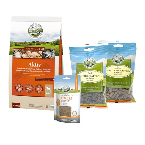 Bellfor Futterset für körperlich aktive Hunde Premium PUR Aktiv 2,5 kg Fitness Pulver 80g Soft-Snacks 2 x 200g von Bellfor