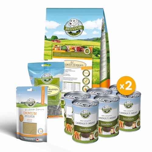 Bellfor Leishmaniose Set für Hunde Landgut-Menü 12 x 400g Immun Pulver 80 g und Landgut-Happen 200 g Frei von künstlichen Zusätzen Purinarme und hypoallergene Proteinquelle von Bellfor