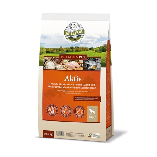 Bellfor Premium PUR Aktiv Glutenfrei Hundefutter Trocken für aktive Hunde – 15 kg. Energiegeladenes Hundefutter mit 42% Fleischanteil für Leistung und Ausdauer von Bellfor