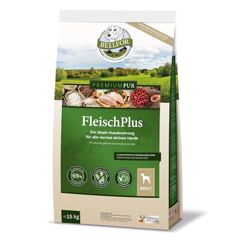 Bellfor Premium PUR FleischPlus Glutenfrei Hundefutter Trocken mit hohem Fleischanteil für normal aktive Hunde. Monoprotein-Trockenfutter für Hunde – 15 kg. von Bellfor