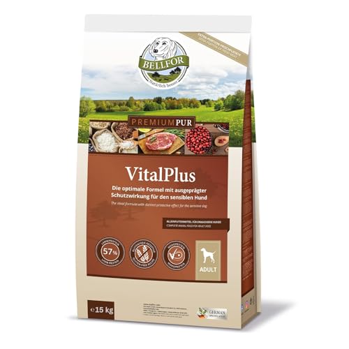 Bellfor Premium PUR VitalPlus Glutenfrei Hundefutter Trocken für normal aktive Hunde – 15 kg. Hundefutter ist reich an Omega-3 und natürlichen Antioxidantien. Großpackung von Bellfor