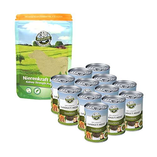 Bellfor Set Landgut-Menü Hundefutter Nass mit Insekten 6x400g und Nierenkraft Pulver Nahrungsergänzung 80g Optimal für ernährungssensible Hunde von Bellfor