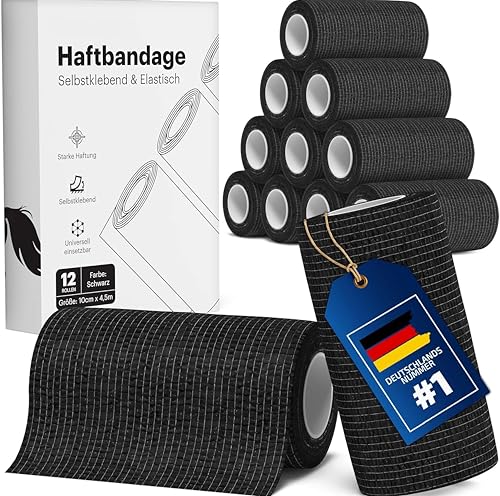 Selbstklebender Verband - 12x Bandage (9,5cm x 4,6m) - Verbandsmaterial für Pferde, Hunde & Menschen - Selbsthaftende & elastische Bandage - Haftbandage selbstklebend (12 Rollen (9,5 cm x 4,6 m)) von Bellmate