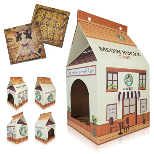 Katzenhaus aus Karton mit 2 Kratzpads und Katzenminze – geräumiges und langlebiges Design (57,9 x 33 x 32,6 cm) aus Karton für Katzen – Meow Bucks Katzencafé von Belly Cat Village