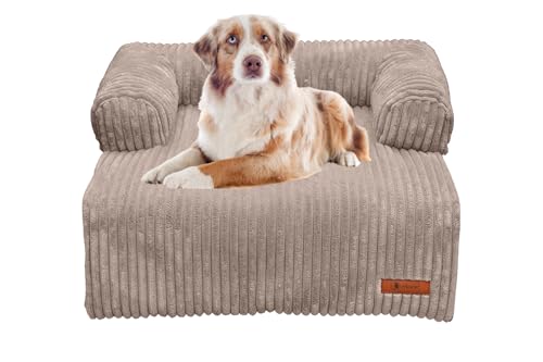 Belune Hundecouch Deluxe - waschbar [Beige, L - 120cm x 95cm] Hundebett Plüsch, Hundecouch, Sofaschutz kleine & Mittelgroße Hunde von Belune